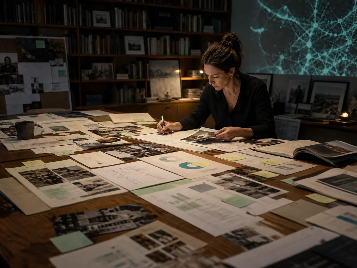 An editorial research team turning field notes and charts into a clear narrative
