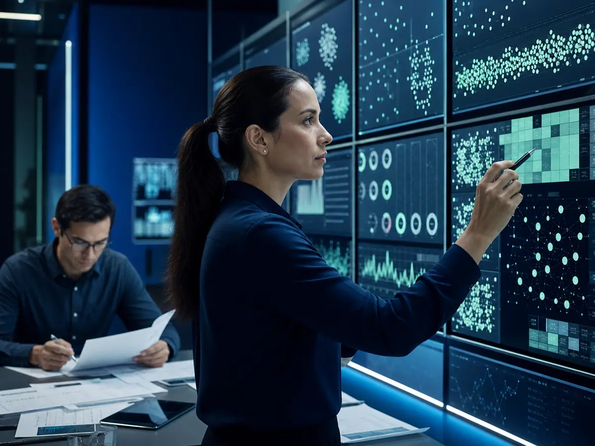Research quality specialists validating fieldwork evidence in a control room